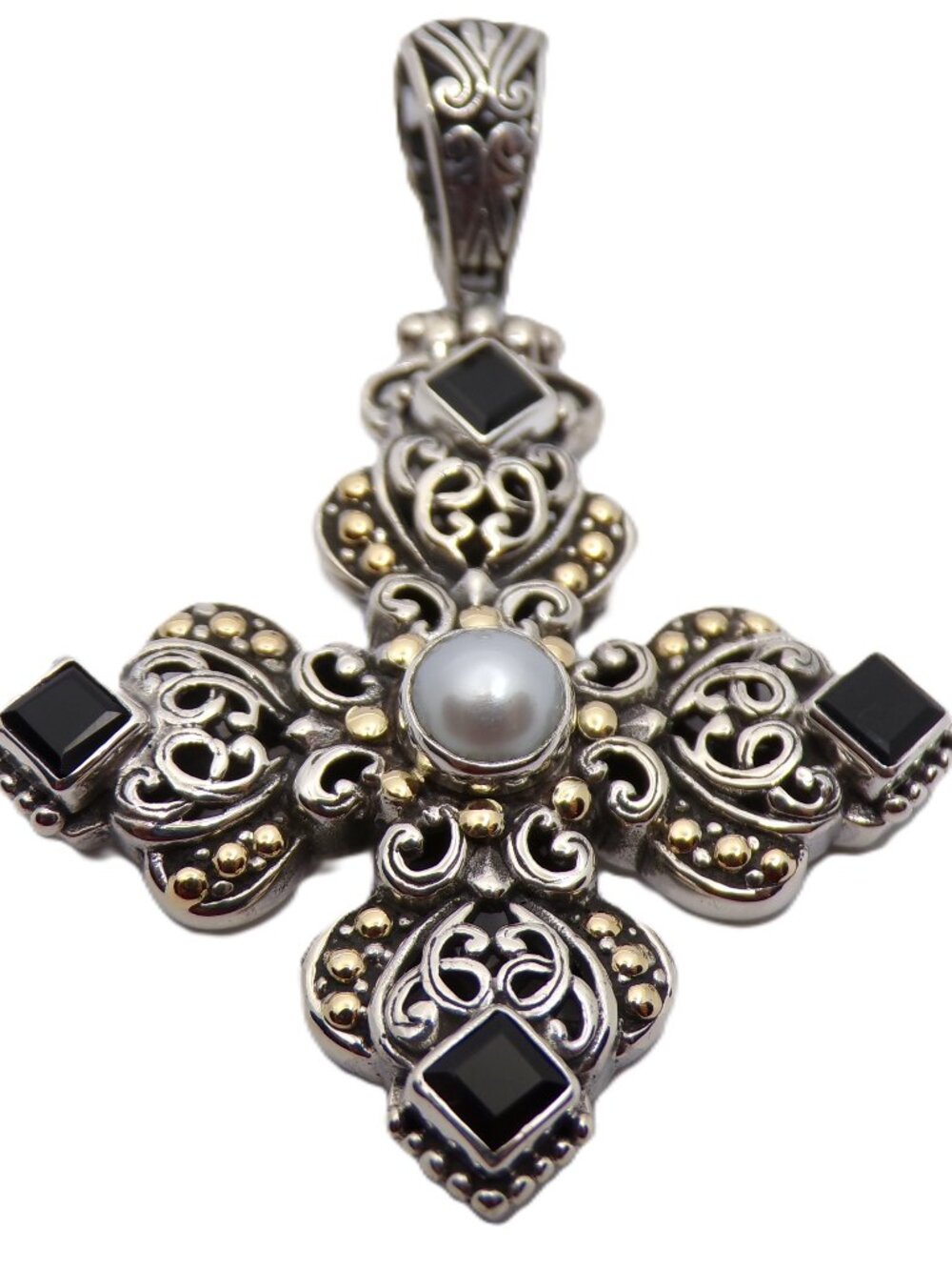 Filigree Cross Pendant Necklace with Pearl and Black Stone Accents